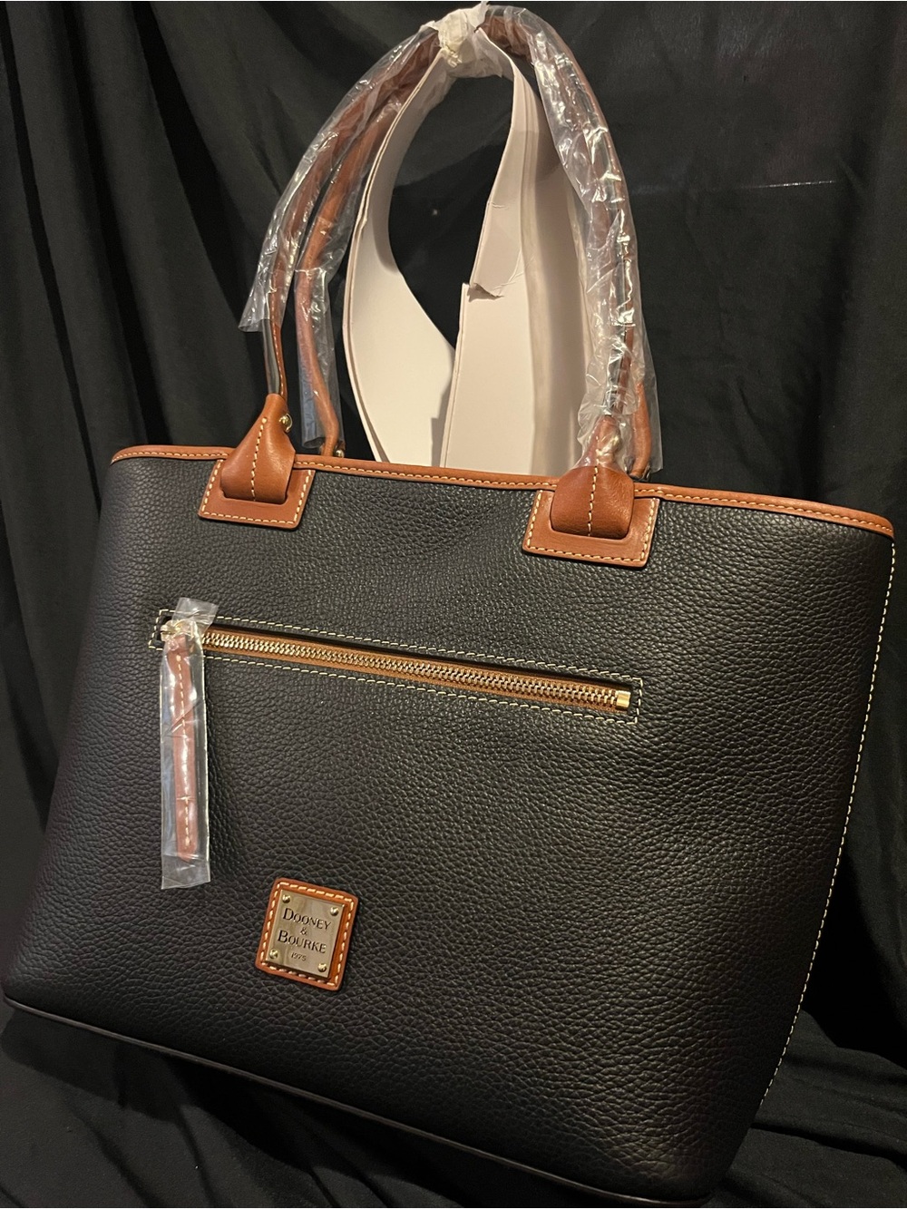 Dooney & Bourke Black Tote with Brown Trim and Gold Hardware